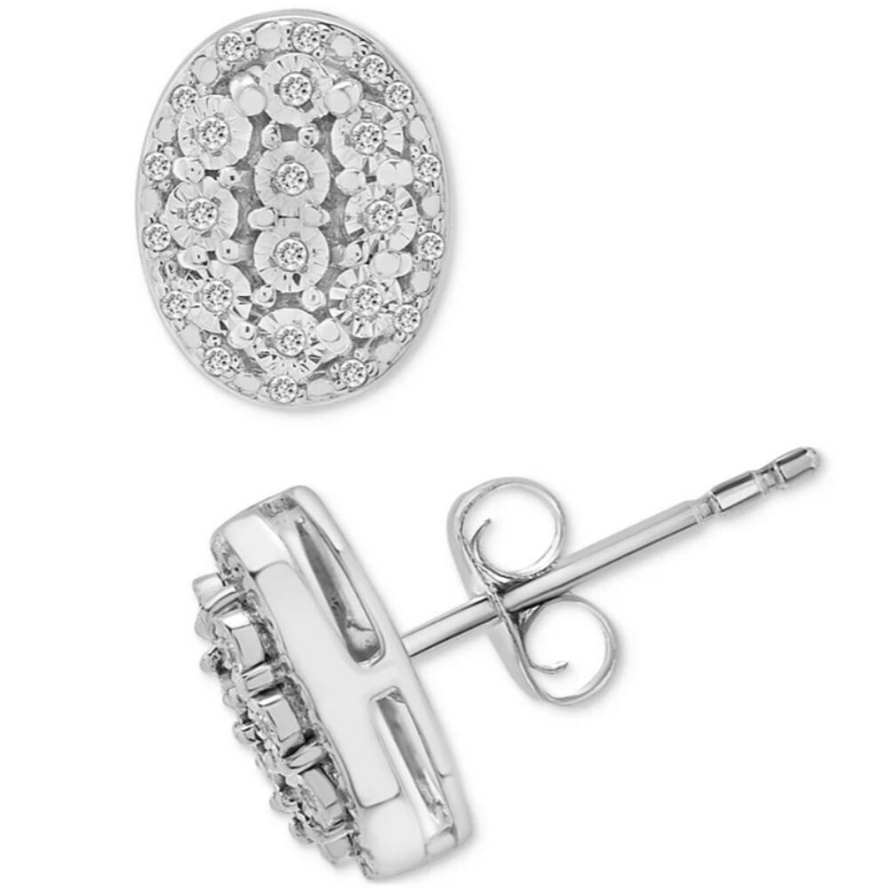 Diamond Oval Halo Cluster Earrings – Sterling Silver NWT - Picture 4 of 6